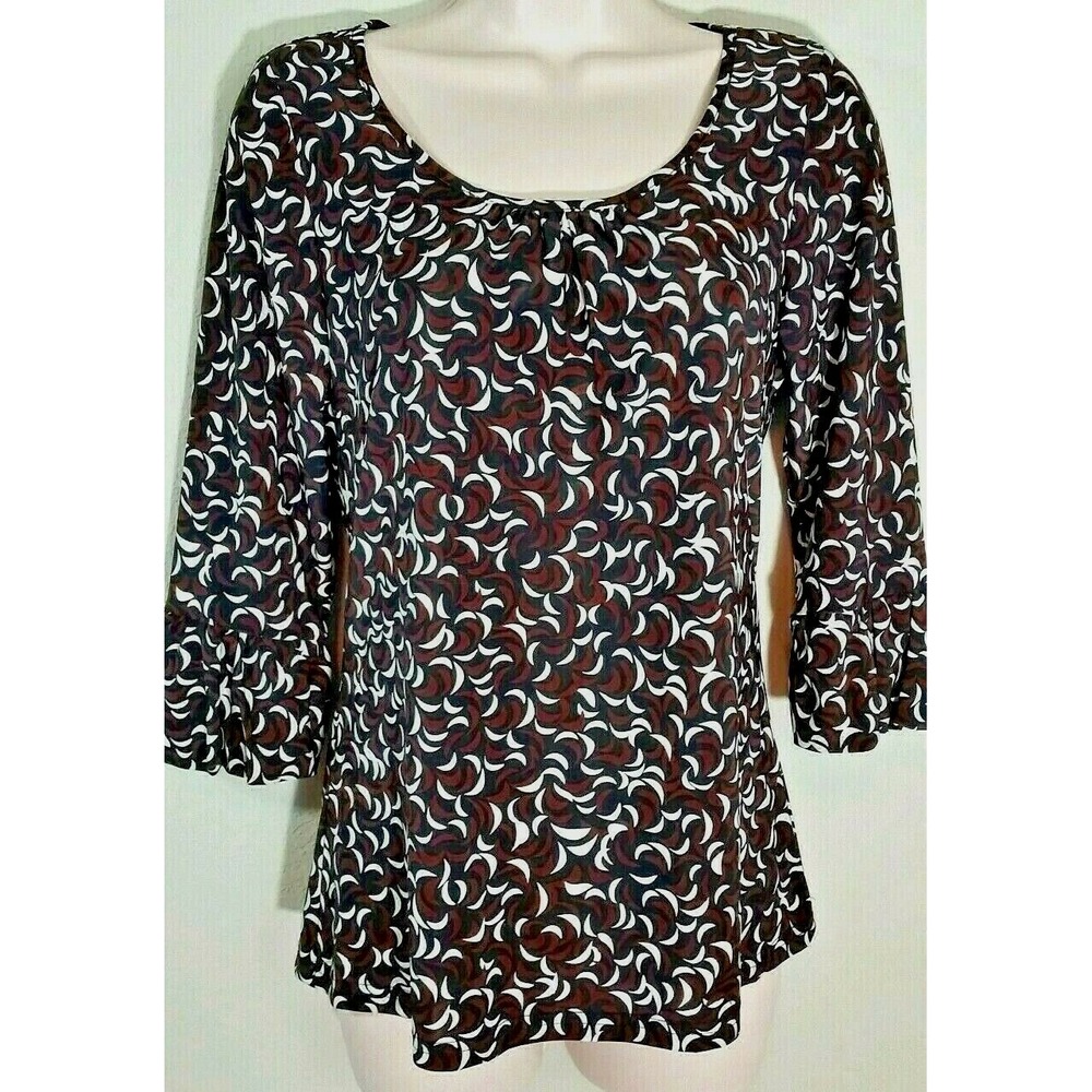 Carducci Brown Black White Geometric Print Blouse Size S Small‎ 3/4 Sleeve